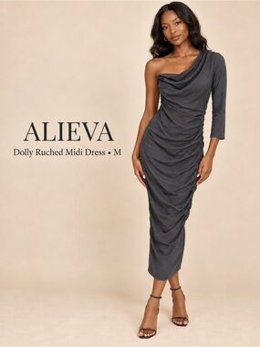NWT Alieva Dolly Gray Ruched One-Shoulder Midi Dress M